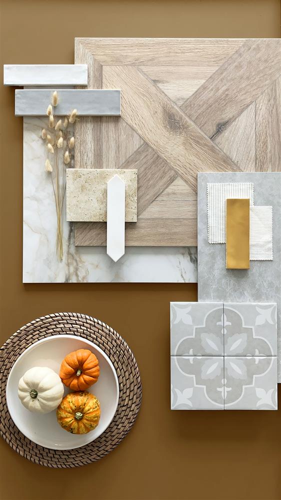 A sample set of Horsham oak, Camden cotton white, Tiffany soft grey, Calacatta gold, Travertino light antique-effect, nautilus Bianco, Chiltern ash, Cavendish mustard, and Bristol natural style tiles